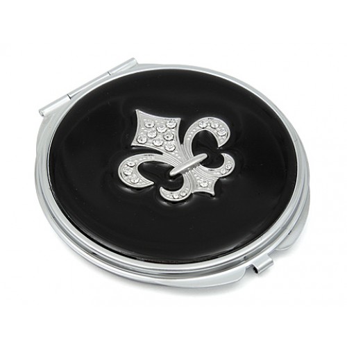Pocket Mirror - Enamel w/ Rhinestone Fleur De Lis Charm -Black - MR-GM1259B